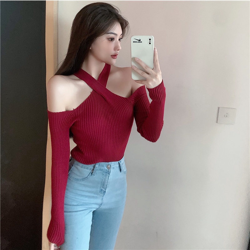 QKOOLE  Áo dệt kim tay dài dáng ôm phong cách Hàn Quốc quyến rũ dành cho nữ