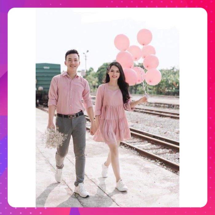 Áo đôi nam nữ Đồ đôi nam nữ thời trang - Set áo sơ mi + đầm babydoll chất đẹp (có ảnh thật) .