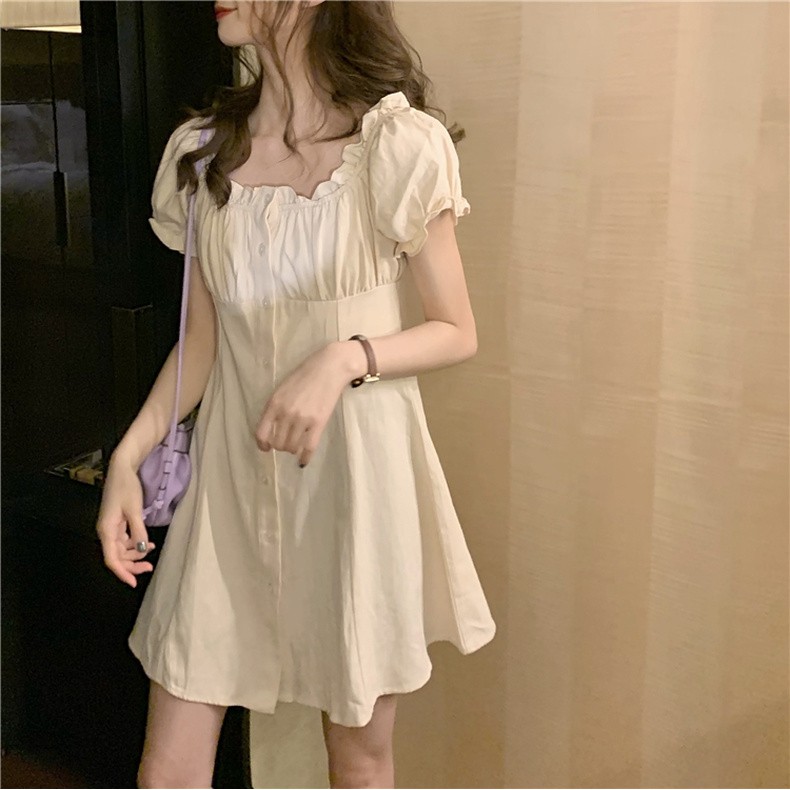 [ORDER] Đầm ngắn chữ A bẹt vai nút dài Korea style tay ngắn