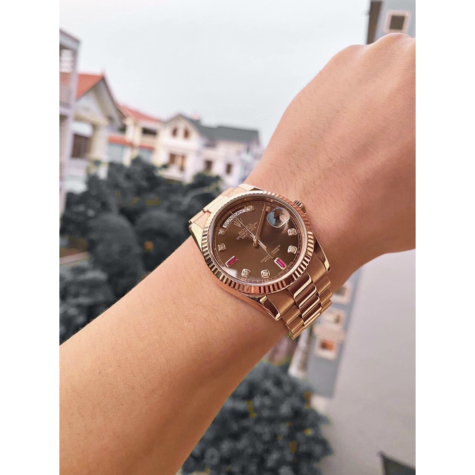 Đồng hồ nam Rolex Day-Date Rose Gold 36mm máy ETA Calibre 3235 28800mph, khung thép oystersteel 904l mạ vàng 18k