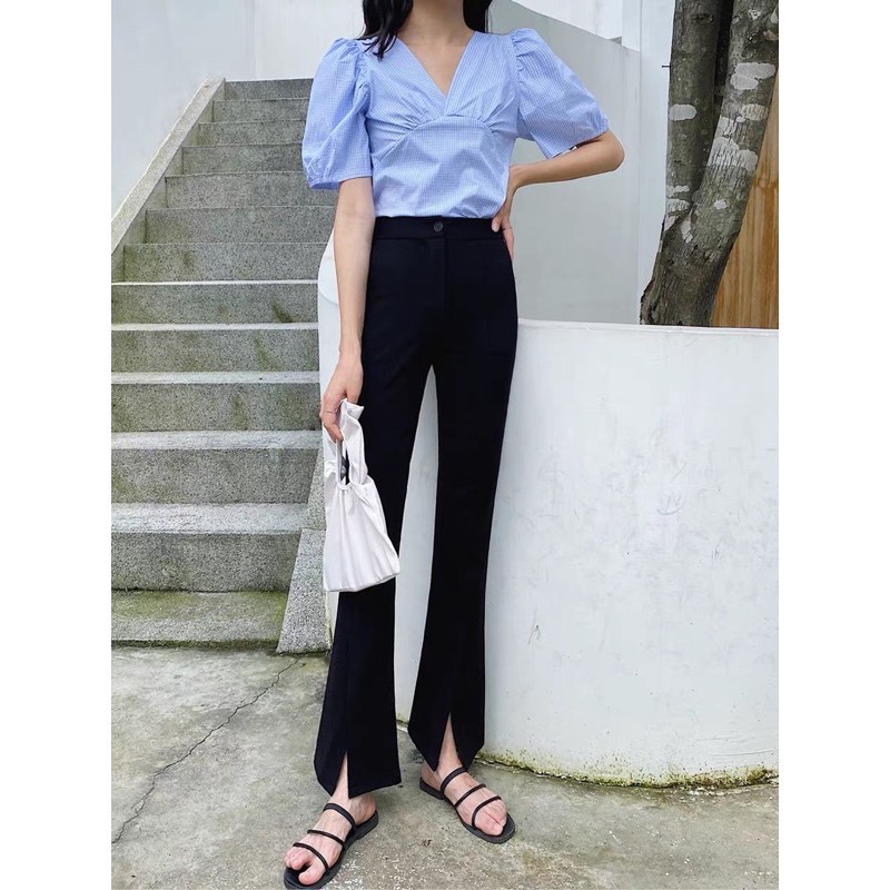 Quần Vải Nữ Ống Loe Xẻ Cạp Cao Chất Tuyết Mưa Dáng Dài Siêu Tôn Dáng Phong Cách Hàn Quốc Cực Đẹp