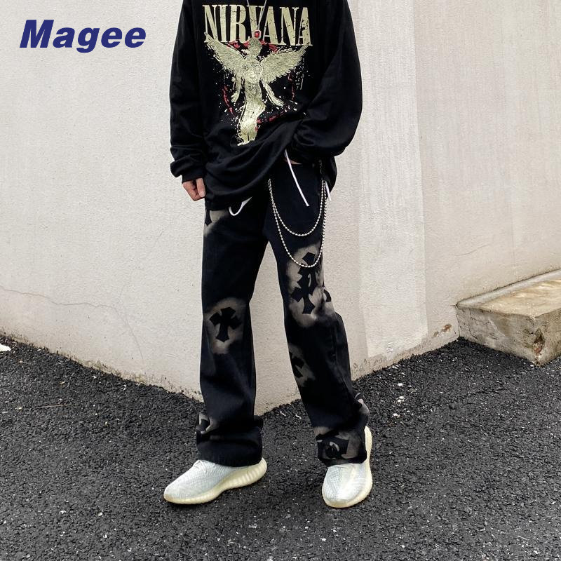 Quần Jean Ống Rộng In Họa Tiết Chữ Thập Phong Cách Hip Hop Đường Phố Mỹ Thời Trang Xuân Thu Cho Nam