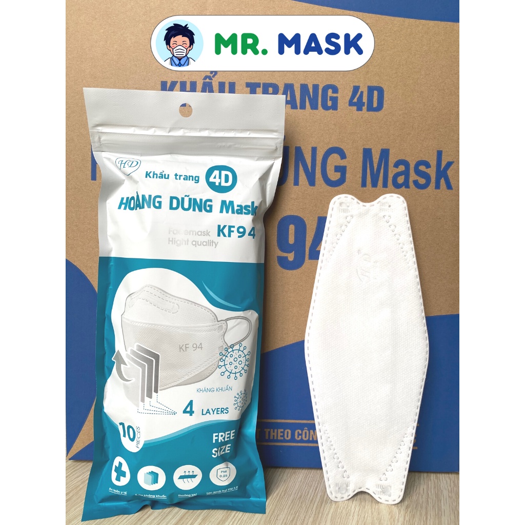 Khẩu Trang Y Tế 4D KF94 Hoàng Dũng Mask, 4 Lớp Kháng Khuẩn, Sản Xuất Theo Công Nghệ Hàn Quốc, 10 Chiếc/Túi