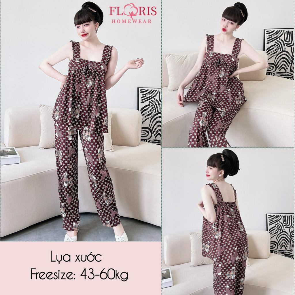 Đồ bộ nữ hai dây lụa xước cánh tiên quần dài mặc nhà mềm mịn thoáng mát, may cẩn thận