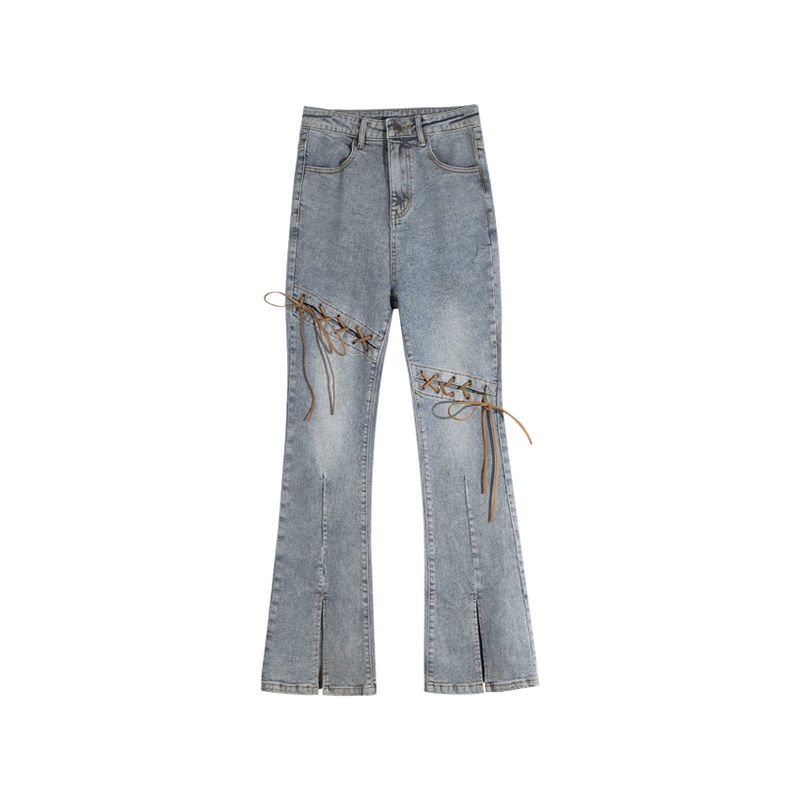 Jiashucheng Quần Jeans Nữ Lưng Cao Ống Loe Xẻ Tà Thời Trang
