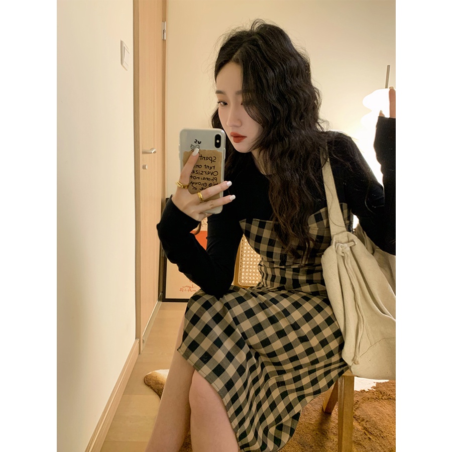 Đầm ngắn SUXI dáng chữ A họa tiết sọc caro phong cách cổ điển thời trang xuân thu xinh xắn cho nữ