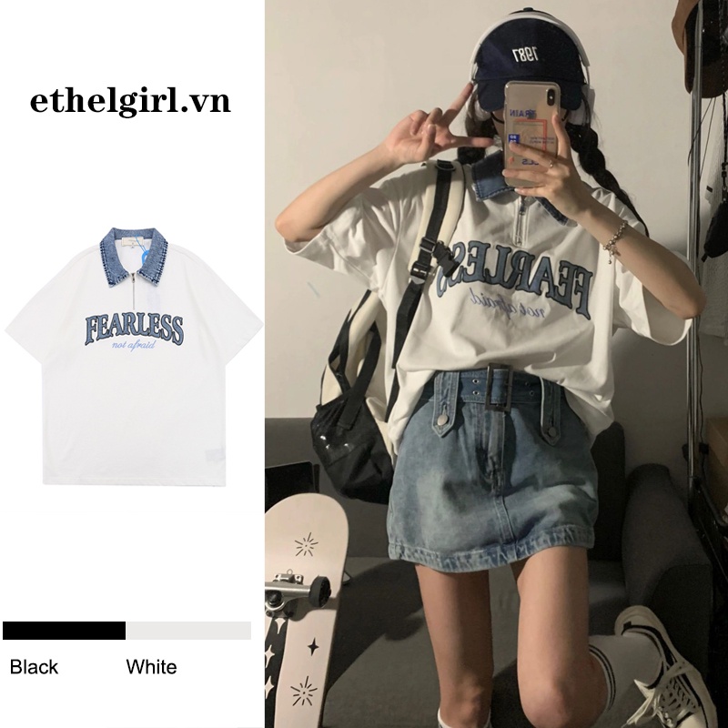 Áo Thun Cổ Polo Tay Ngắn Dáng Rộng Phối Vải denim Phong Cách retro Mỹ Thời Trang Cho Nữ