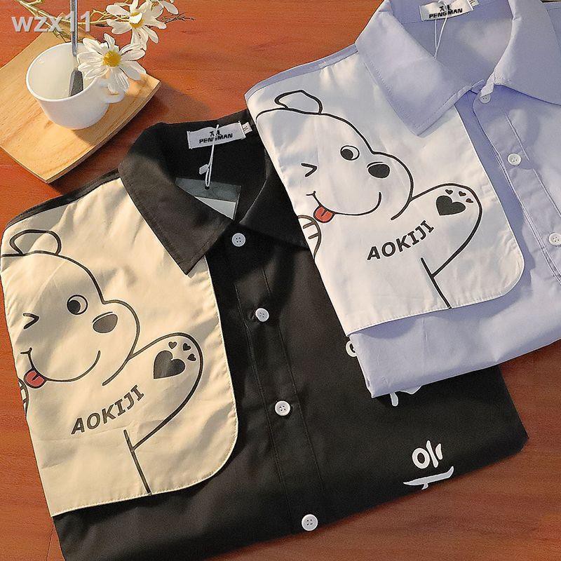 Tide thương hiệu vui nhộn gấu nhấn màu áo sơ mi ngắn tay Phong cách đại học Nhật Bản cặp đôi nhỏ tươi mát mùa hè khoác n