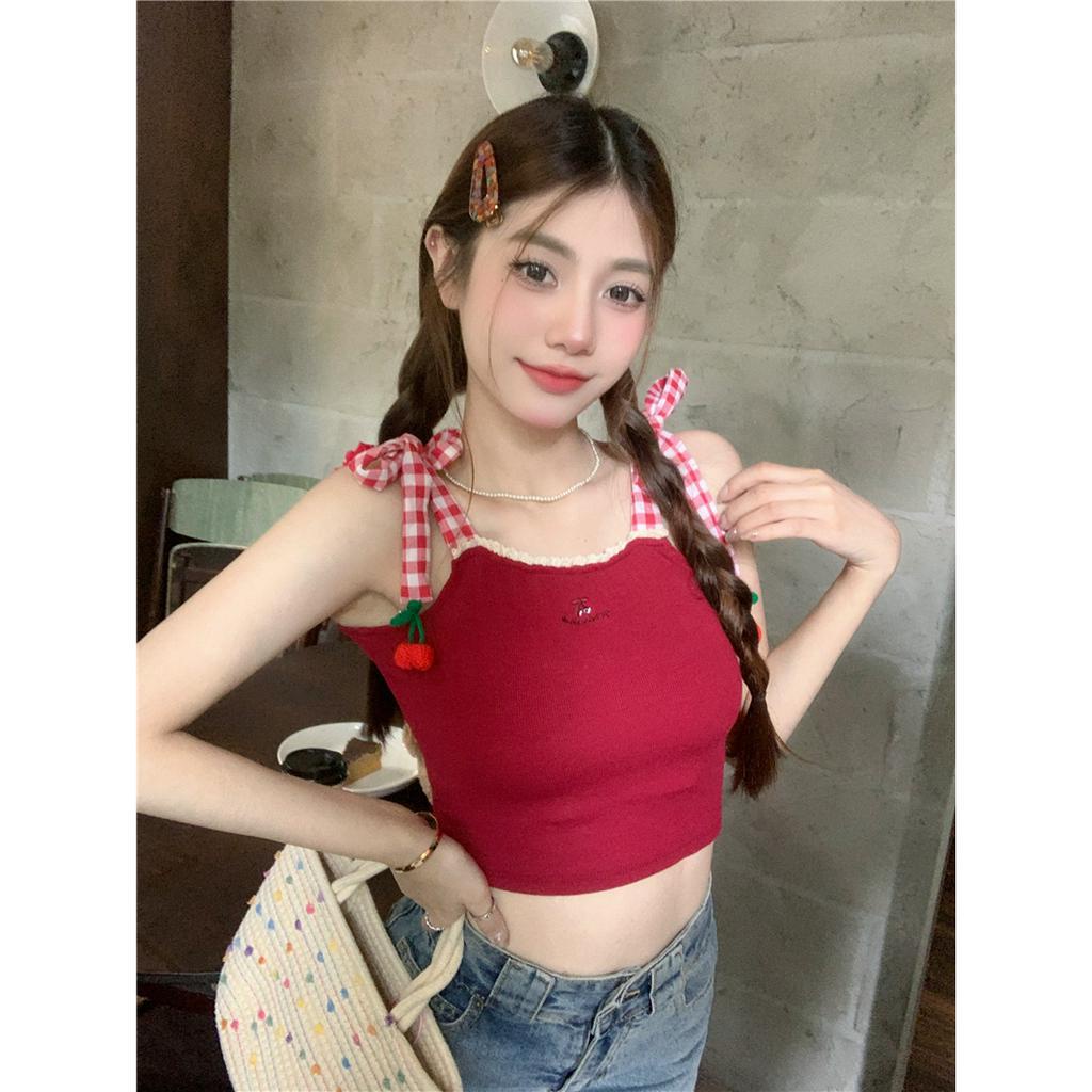 Lalisas Áo Croptop Hai Dây Viền Ren Thêu Họa Tiết Gia Vị Ngọt Ngào Quyến Rũ Cho Nữ