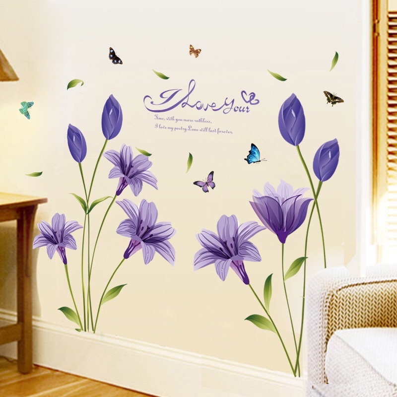 Decal dán tường hoa tulip tím,sẵn keo dán không thấm nước.