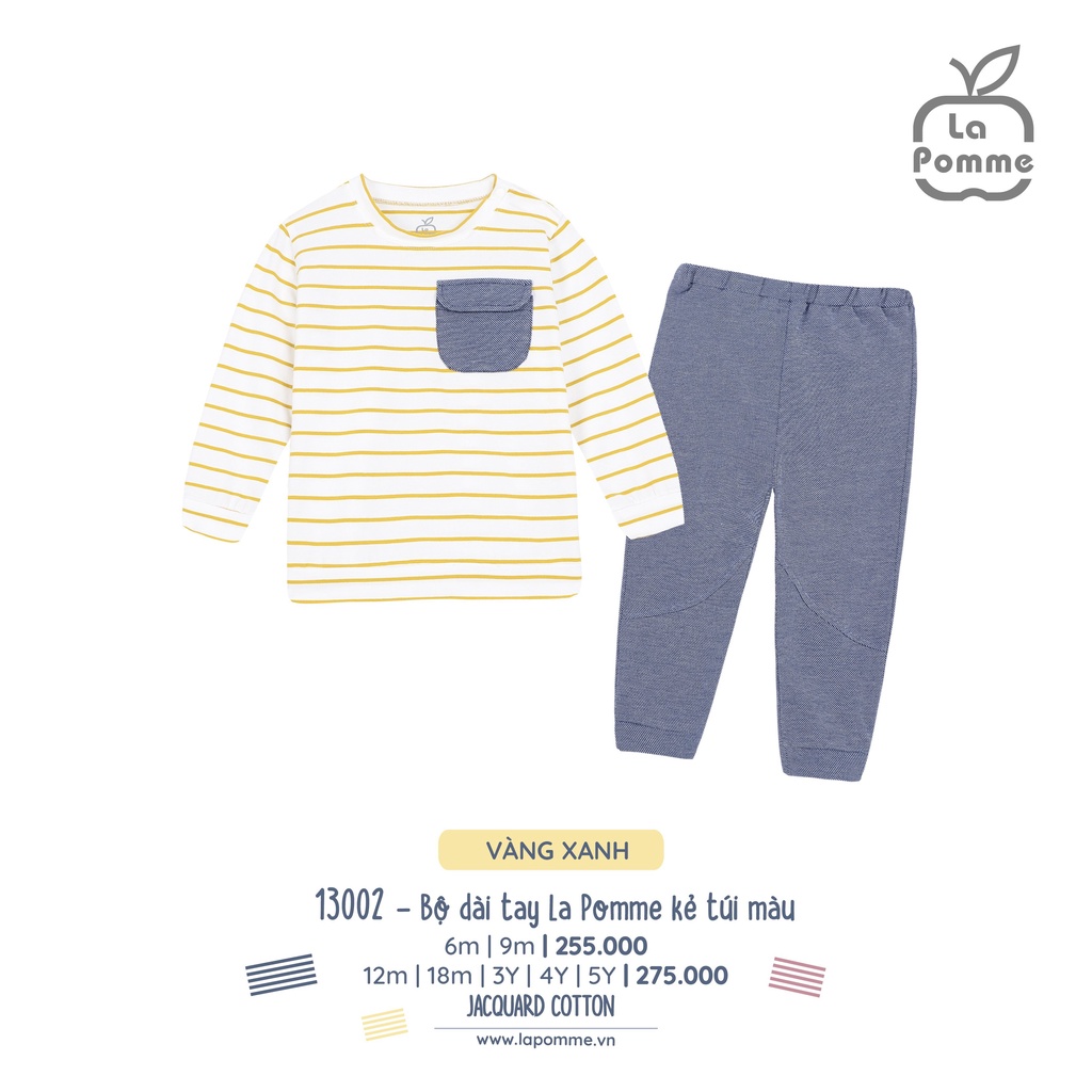 Bộ La Pomme dài tay Cotton cao cấp mềm mịn thoáng mát thấm hút tốt kẻ sọc ngang túi ngực cho bé trai bé gái 13002