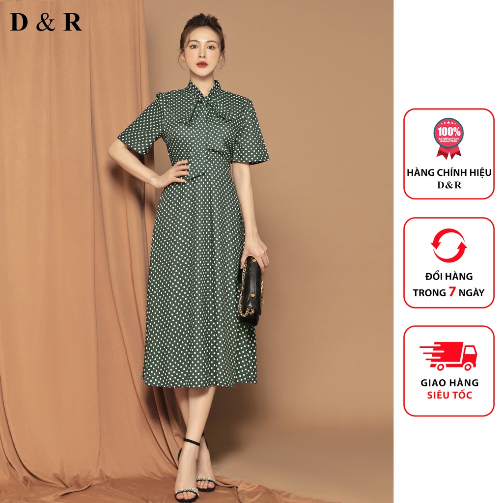 Đầm dự tiệc họa tiết bi cột nơ Quảng Châu cao cấp váy lụa dài đi biên thương hiệu thời trang D&R D142