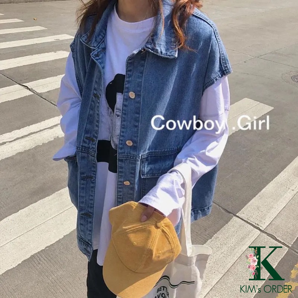 Áo khoác jean nam nữ màu xanh và đen gile sát nách phom rộng basic phong cách retro Ulzzang Hàn Quốc cá tính năng động