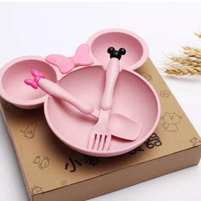 Khay ăn dặm lúa mạch mickey 3 ngăn kèm thìa dĩa cho bé