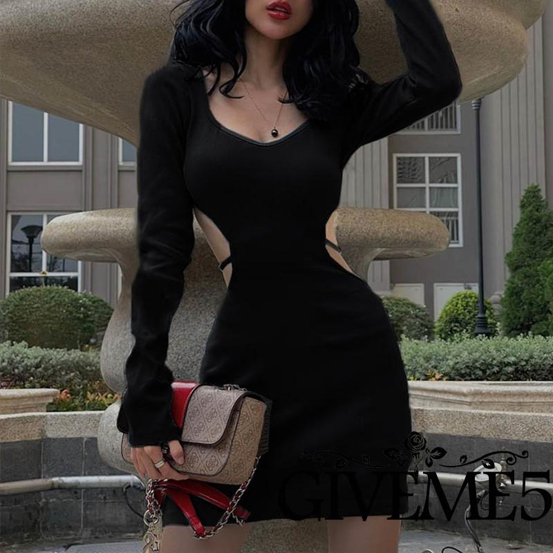 GIVEME-Women Short Bodycon Dress Solid Color Back Hollow-Out Long Sleeve Low-Cut Spring Wrapped Hip Dress