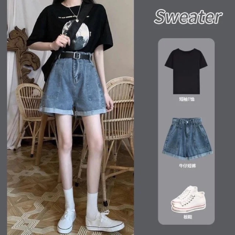 Quần Đùi Jeans Nữ Màu Xanh Có Túi Hai Bên Một Cúc, Quần Short Denim Dáng Ngắn Ống Rộng Phong Cách Ulzzang Loại 1