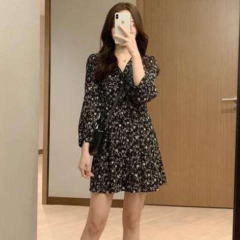 Đầm COZOKC tay dài cổ chữ V họa tiết hoa phong cách Pháp