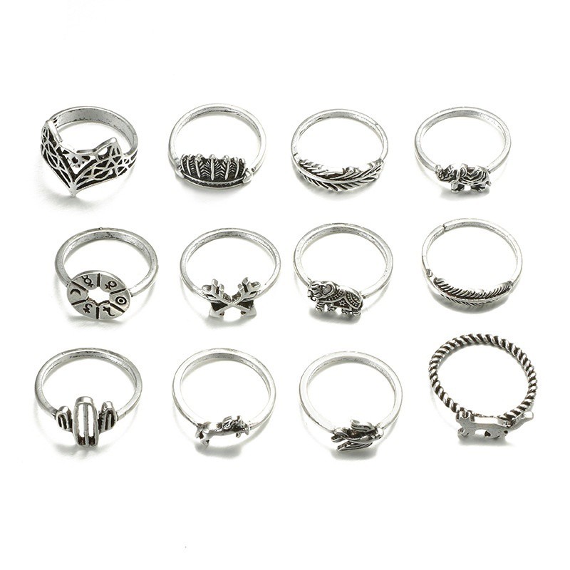 Bohemian Vintage Elephant Animal Ring Bird Leaves Jewelry Gifts 12Pcs