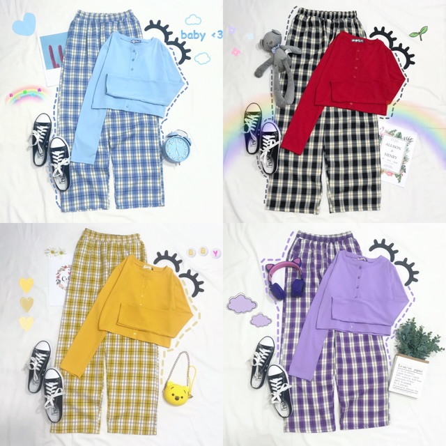Set Croptop Nút Tay Dài Mix Quần Long Caro Pant Suông Ảnh Thật