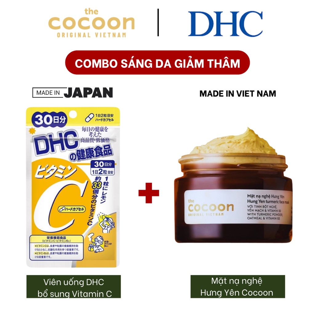 Combo sáng da, mờ thâm, ngừa mụn từ trong ra ngoài ( Vitamin C - 30 ngày DHC và Mặt nạ nghệ Hưng Yên Cocoon 30ml )