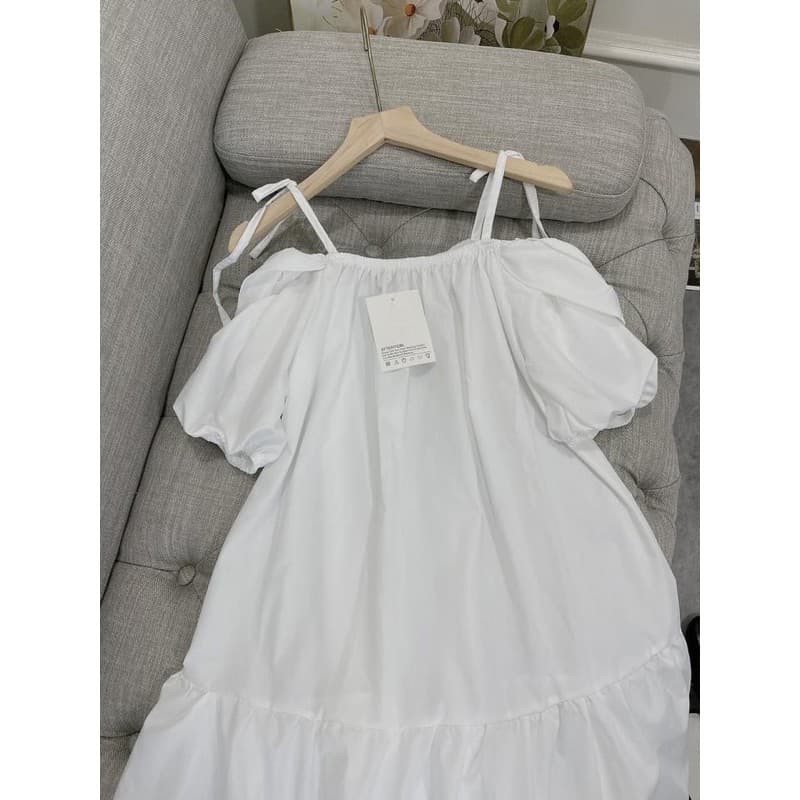 Váy babydoll trắng tay phồng cổ vuông CUTEZOO đầm tiểu thư dự tiệc đuôi cá chất đũi lụa mềm mát