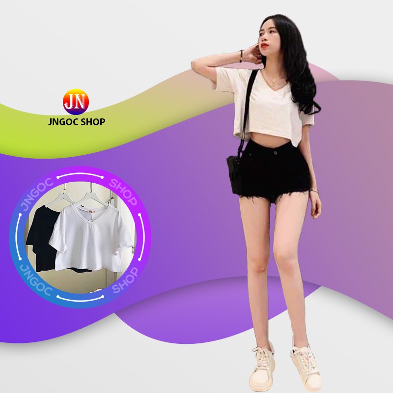 Áo croptop nữ JNgoc Shop tay ngắn cổ tim trẻ trung, Croptop tay ngắn form rộng từ 40 đến 57kg