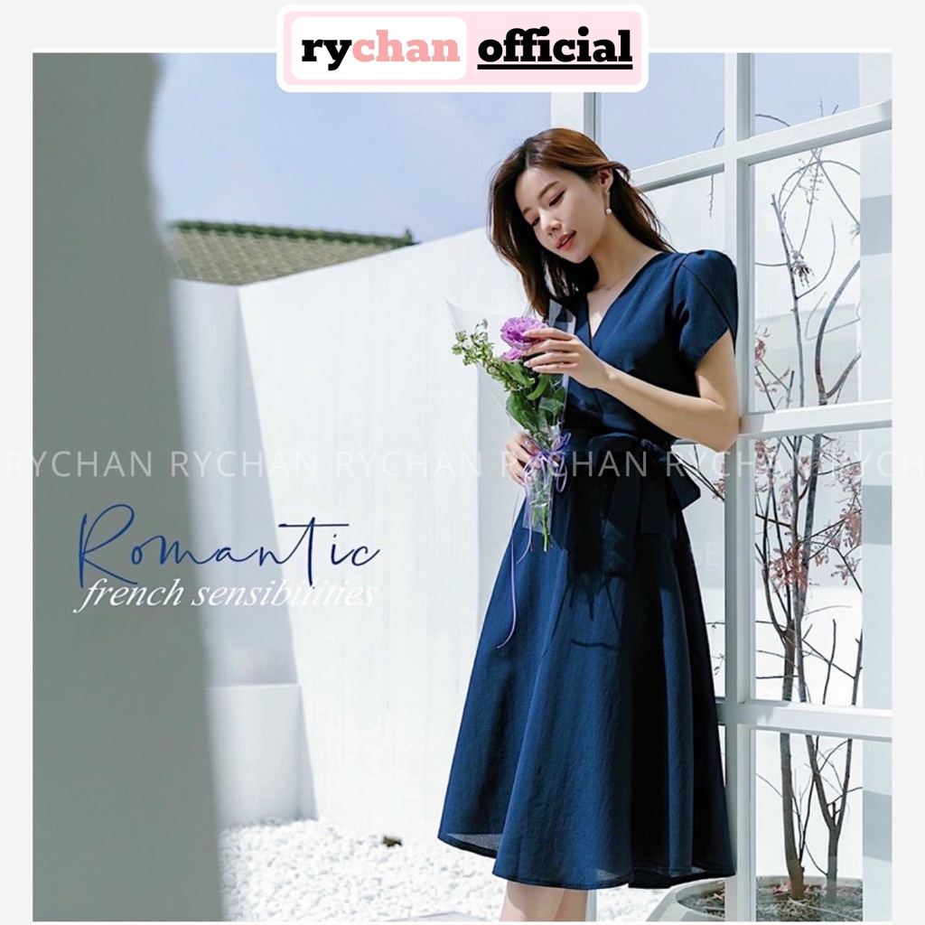 Đầm Váy Nữ Dự Tiệc Form Dài Cổ V Tay Sen Đắp Chéo Tà Thắt Nơ Màu Xanh Đen [ẢNH THẬT CUỐI] - DX9916