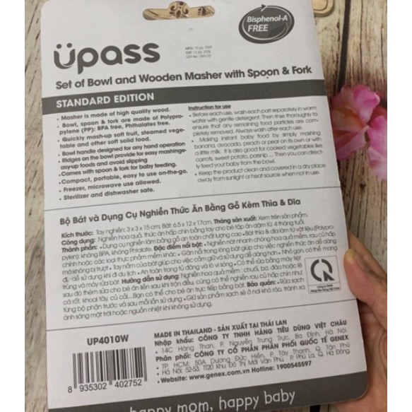 Bộ bát và dụng cụ nghiền thức ăn bằng gỗ Upass (kèm thìa và dĩa) màu hồng - Thái Lan - UP4010W