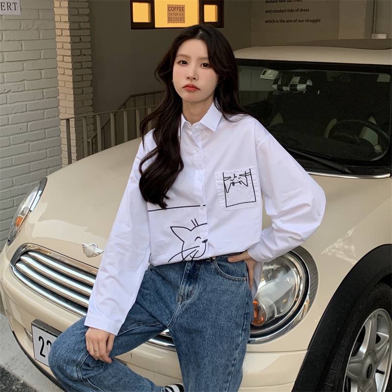 Áo sơ mi ZHELIHANGFEI tay dài dáng rộng họa tiết hình con mèo phong cách học đường dễ phối đồ