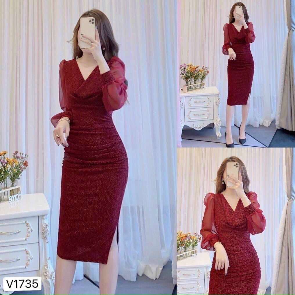 Đầm body cổ đổ tay phối lưới thanh lịch