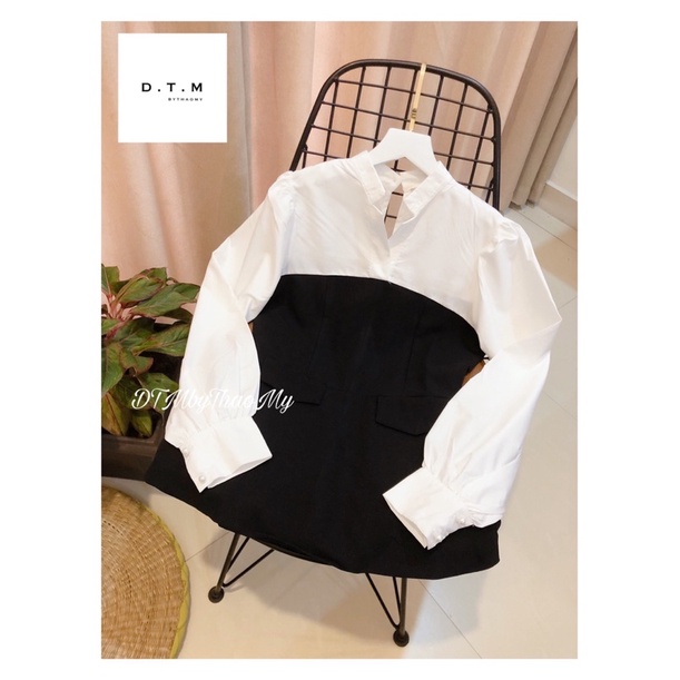 Two Tone Blouse - Áo dài tay pha thân đen cổ tàu
