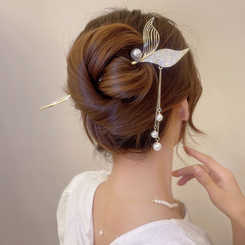 Trâm cài tóc đuôi cá đính đá lấp lánh tua rua hạt ngọc dùng để búi tóc phong cách cổ tích cổ xưa