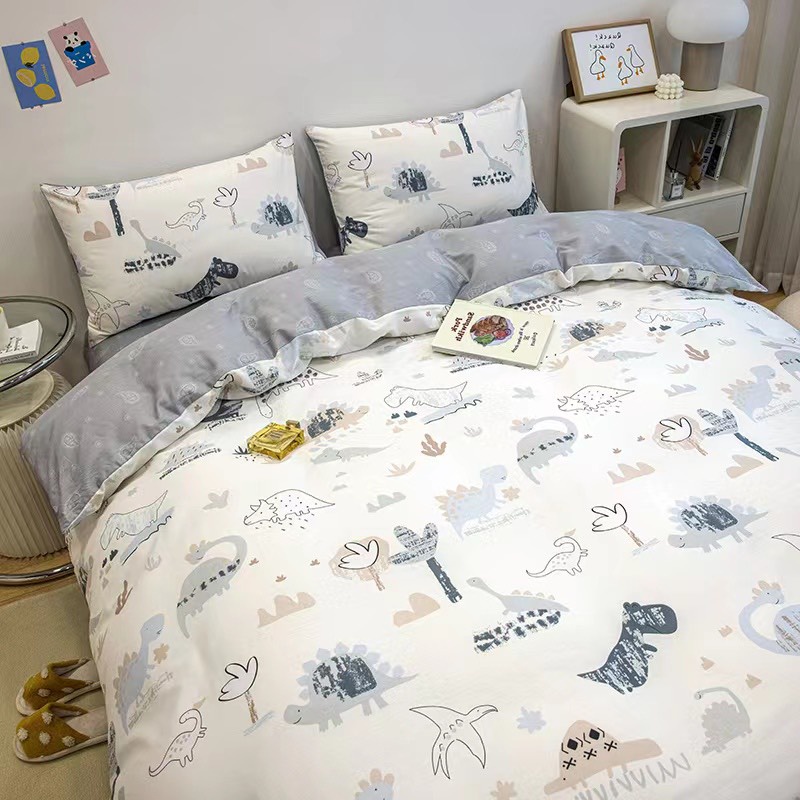 Bộ chăn ga gối cotton organic Khủng long trắng Dreamhome