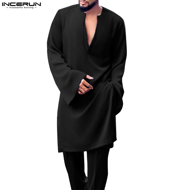 Áo choàng kaftan Incerun dài tay cổ chữ V màu trơn sành điệu cho nam phong cách Hồi giáo