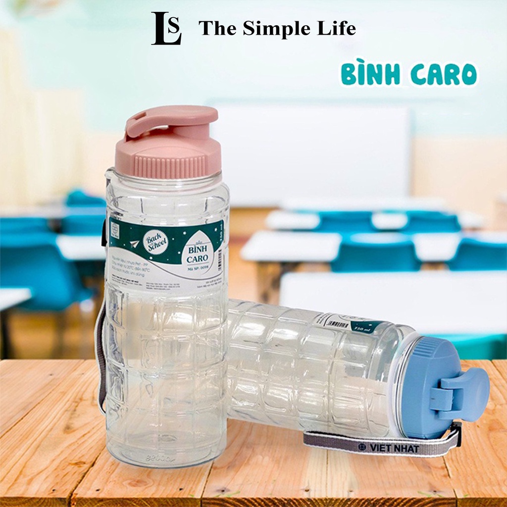 Bình nước caro học sinh, bình đựng nước caro trong suốt dung tích 750ml thể thao có quai dù xách tiện lợi [CHÍNH HÃNG]