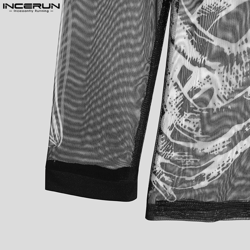 INCERUN Áo Thun Tay Dài Cổ Tròn Xuyên Thấu Phong Cách Punk Halloween Cho Nam