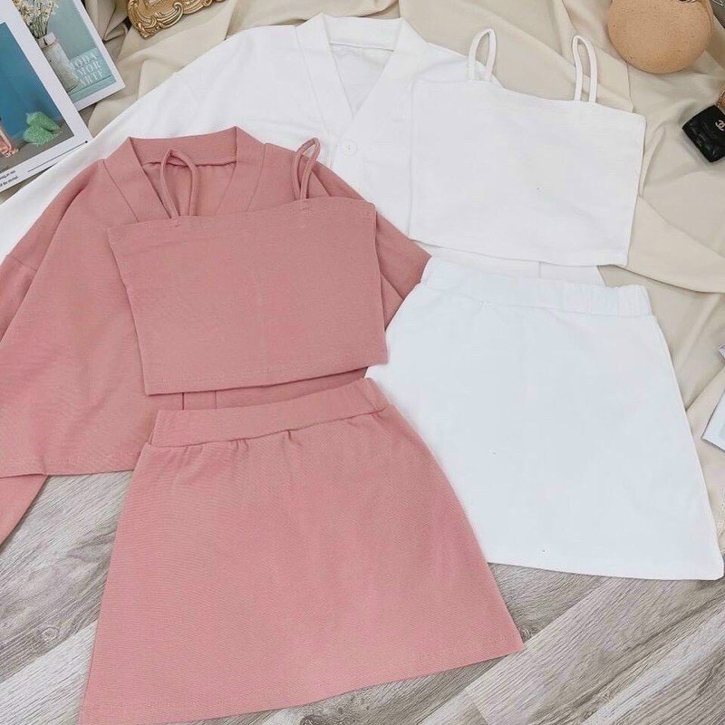 Sét bộ 3 món áo hai dây croptop phối chân váy ngắn ôm body kèm áo khoác cài nút cực xinh , chất thun bozip mềm  mịn