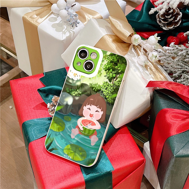 Ốp iphone cạnh vuông cô bé ăn dưa hấu bên hồ cho ip 6/8/7/plus/x/xr/xsmax/12 pro max/11pro max/13 pro max-nt005