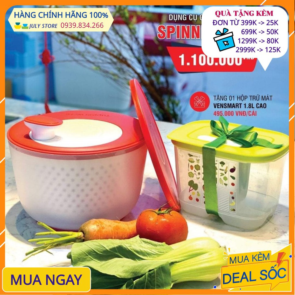 Dụng cụ quay rau Tupperware💕Freeship💕Spinning Chef 3.9L tặng kèm 1 hộp trữ mát cao cấp 1.8L Ventsmart