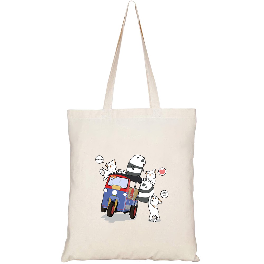 Túi vải tote canvas HTFashion in hình kawaii pandas cats with motor tricycle HT183