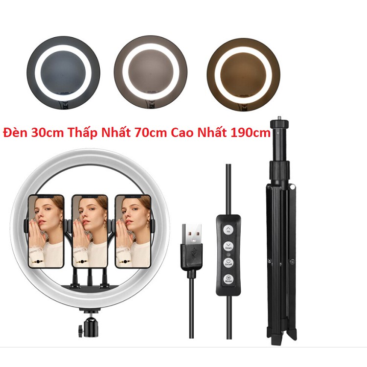 Đèn Livestream 30cm cao 190cm, 4in1 Tặng Kẹp Điên Thoại -Làm Chân Đỡ Máy Ảnh - Làm Gậy Tự Sướng Dài 1,5m