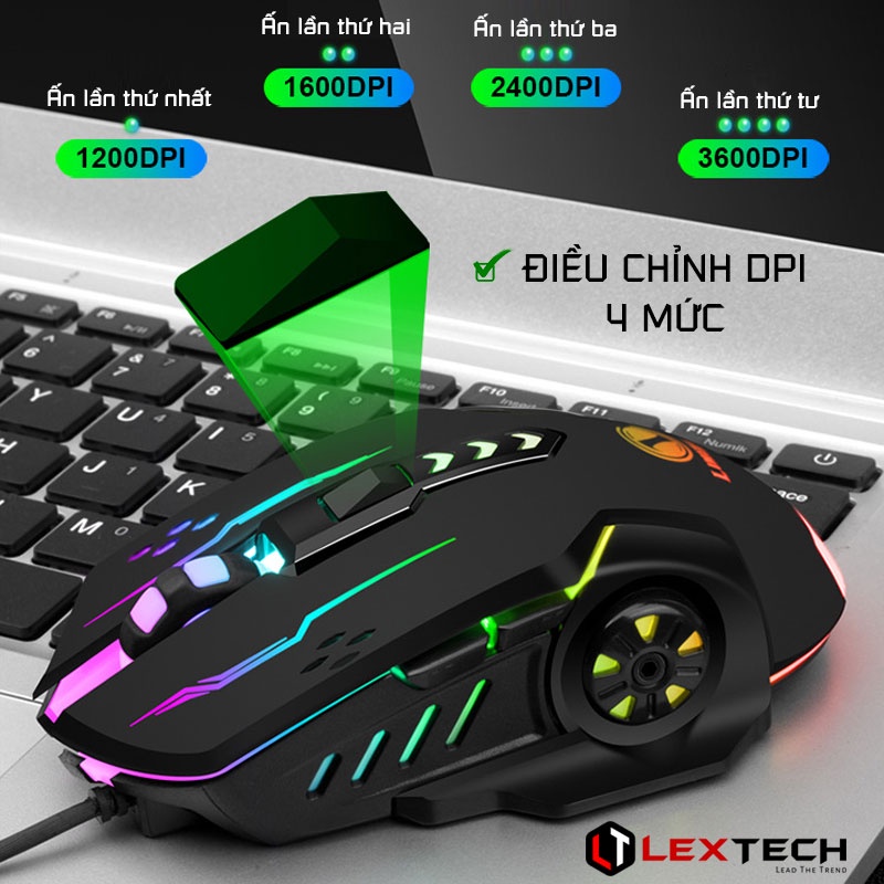 Chuột gaming máy tính có dây Lextech CV7 3600 DPI LED nhiều màu chuyên game, sử dụng cho laptop máy tính bàn