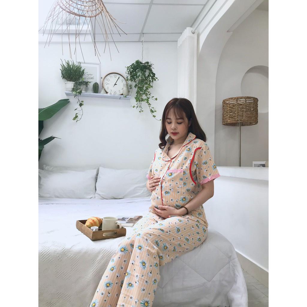 Bộ dài/pijama bầu và sau sinh cho bé bú/ti chất lụa thái cao cấp không nhăn - LTNT06