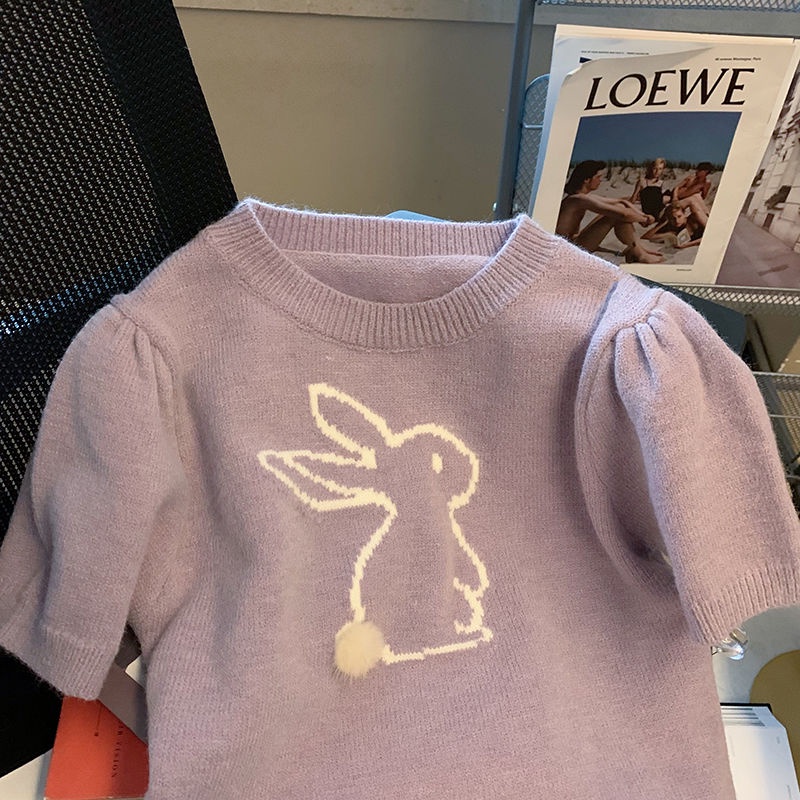 Áo Sweater Dáng Ngắn Họa Tiết Thỏ Màu Tím Thiết Kế Mới Thời Trang Theo Phong Cách  tao bao