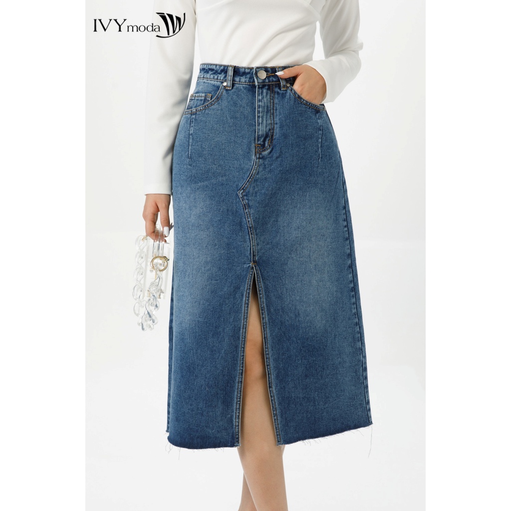Chân váy bò chữ A xẻ trước IVY moda MS 32B8851
