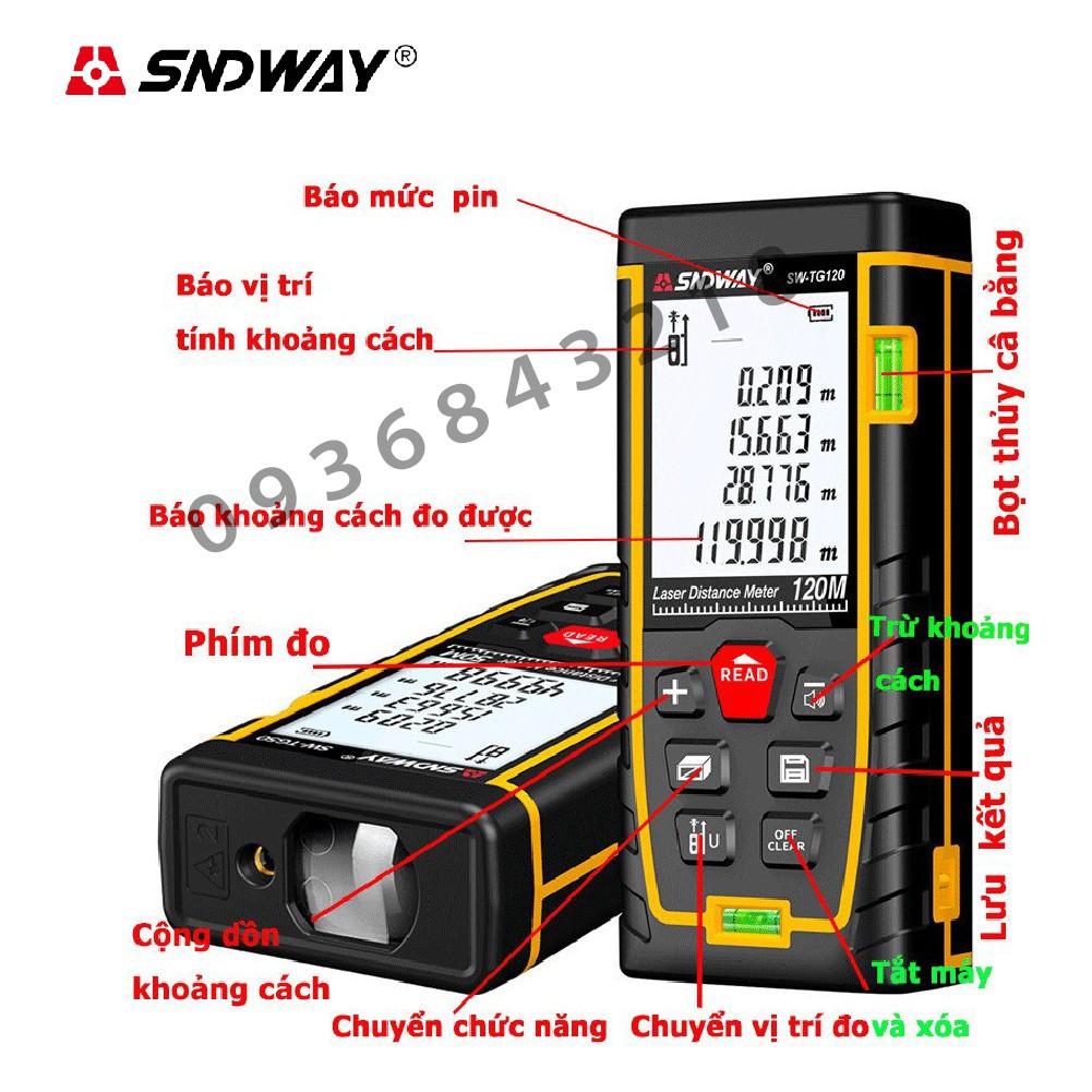 MÁY ĐO KHOẢNG CÁCH THƯỚC ĐO KHOẢNG CÁCH BẰNG TIA LASER SNDWAY LOẠI 50M - 70M - 100M ĐA NĂNG MỚI - GIACUCSOC