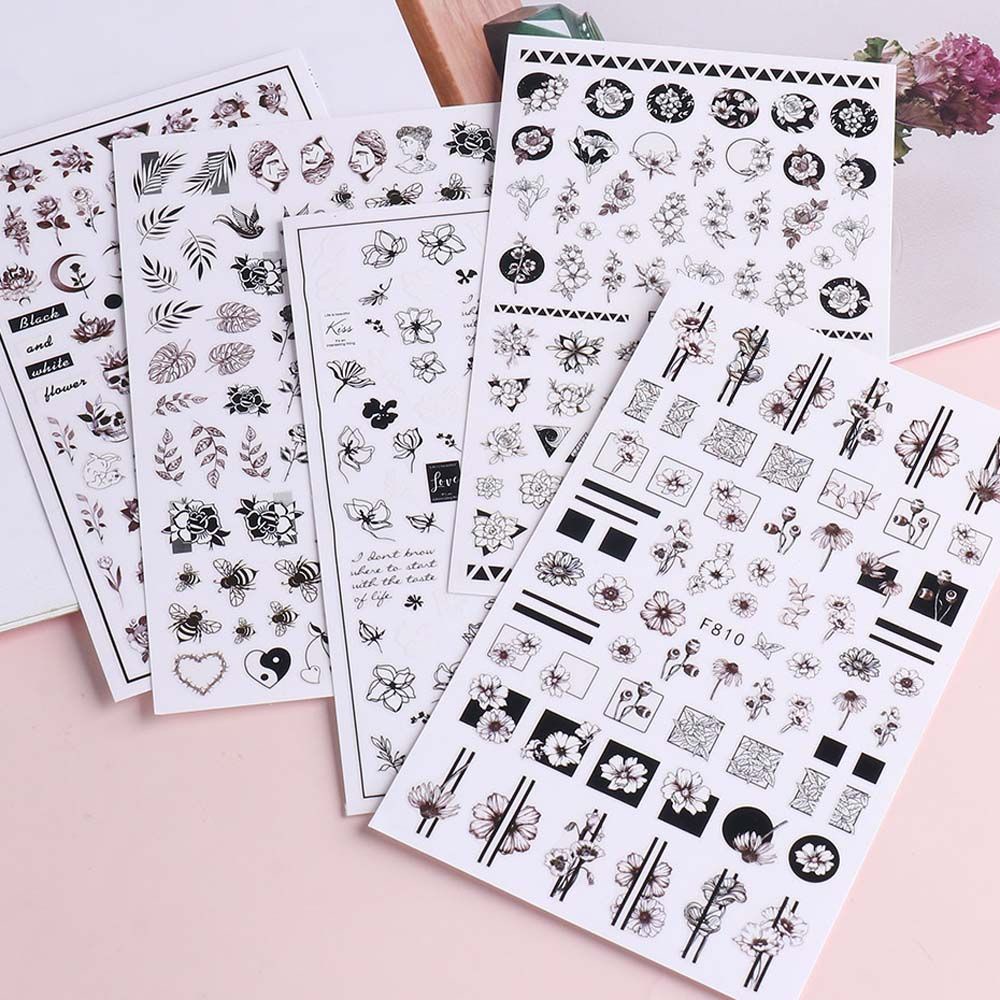 [Hàng mới về] Nhãn dán trang trí móng tay họa tiết hoa lá màu trắng đen 3d diy