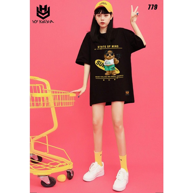 Áo thun UNISEX tay lỡ HY KOREA nam nữ form rộng Gấu ván selfie 779