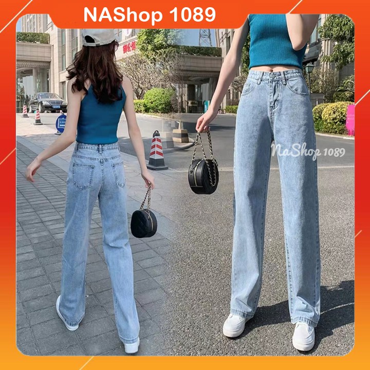 Quần jean bò ống xuông rộng kiểu dáng vintage màu xanh nhạt QT25 nashop1089