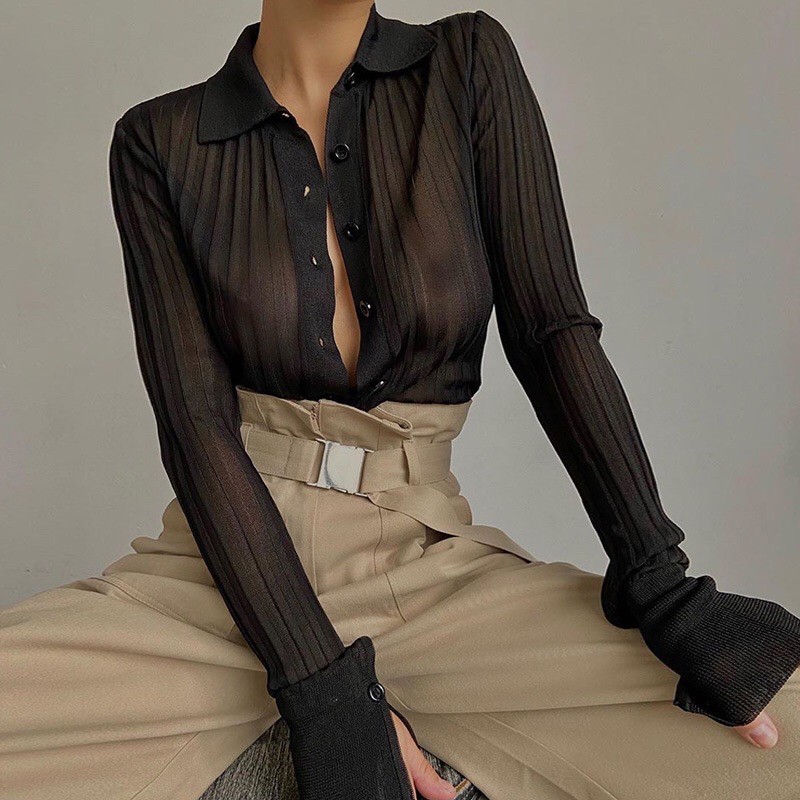 Áo Sơ Mi Thun Lưới ⚡SIÊU ĐẸP⚡ áo sơ mi nữ phong cách gợi cảm